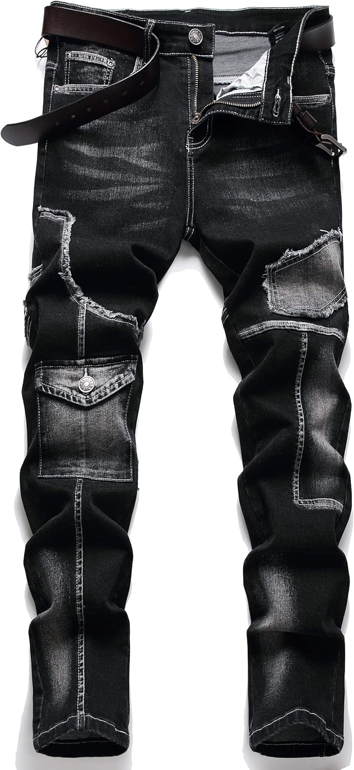 XIMXIMMTIAN Men's Biker Moto Washed Distressed Slim Fit Straight Jeans Denim - Image 11
