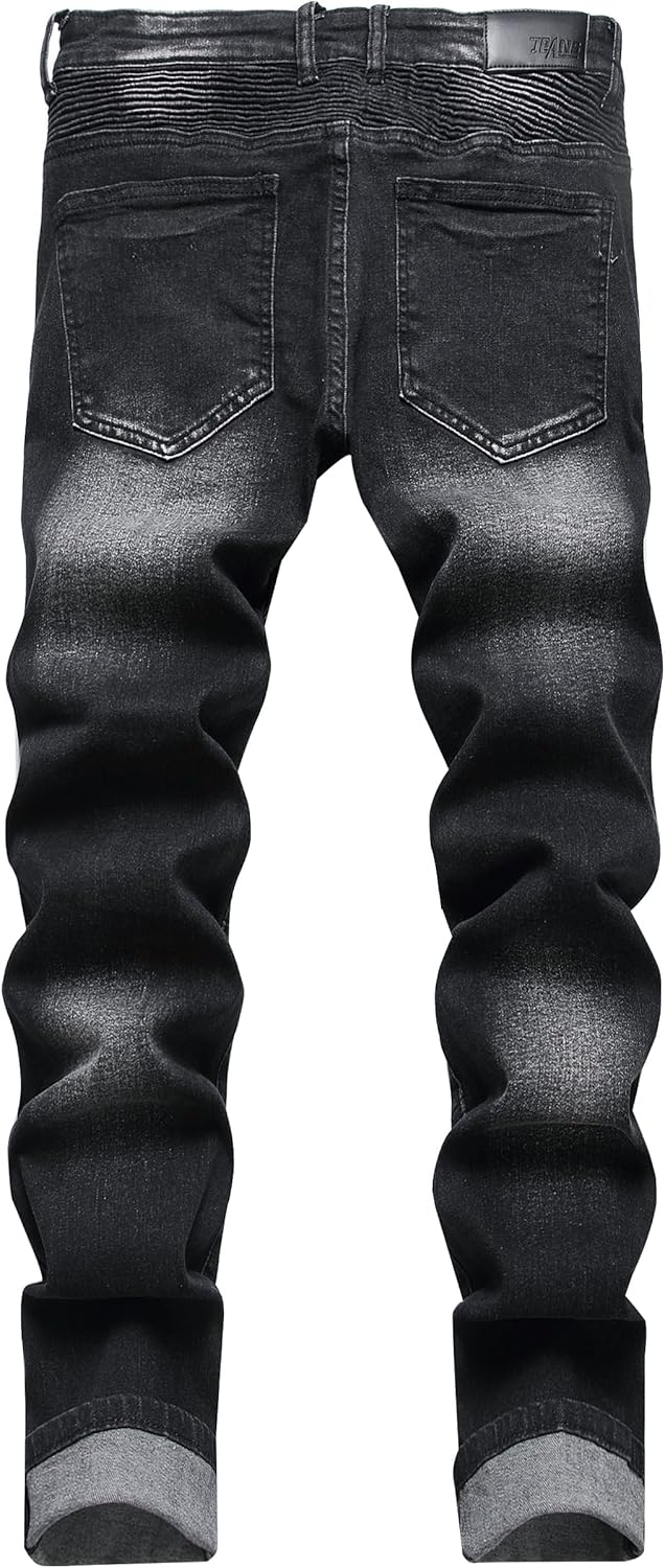 XIMXIMMTIAN Men's Biker Moto Washed Distressed Slim Fit Straight Jeans Denim - Image 2