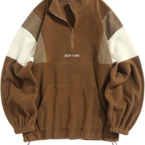 ZAFUL Men's Fluffy Polar Fleece Sweatshirt Embroidery Colorblock Half Zip Unisex Hoodie